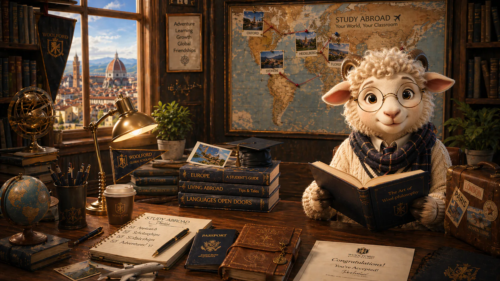 MentorSheep — a scholarly sheep studying abroad, surrounded by a world map, globe, books and a passport